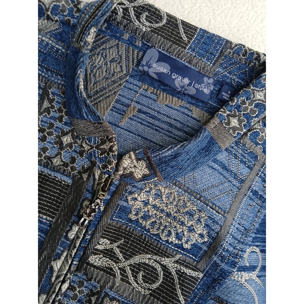 Susan Graver Tapestry Jacket Womens L Blue Patchwork Art Zip Mandarin Collar - Picture 2 of 7
